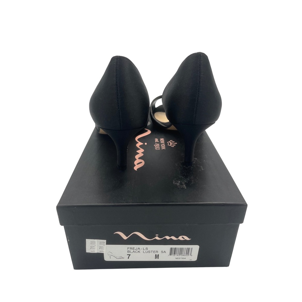 Nina Freja Black Luster Satin Peep Toe Kitten HeelDorsey Pumps Womens 7M G865F8 - Picture 3 of 7
